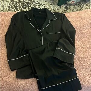 Black Satin Pajama Set with Rhinestone Piping